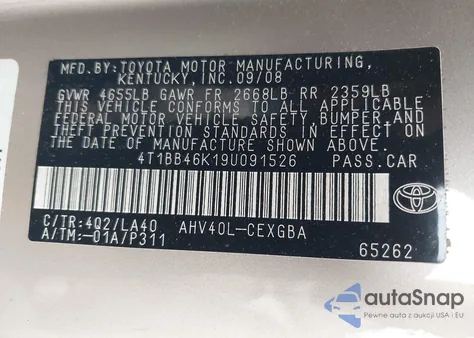2009 Toyota Camry Hybrid z USA, uszkodzony, nr VIN 4T1BB46K19U091526